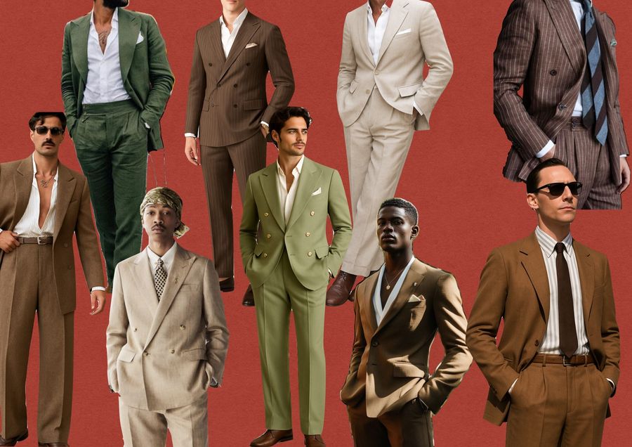 Mood board of tailored suits in olive, brown, tan and beige