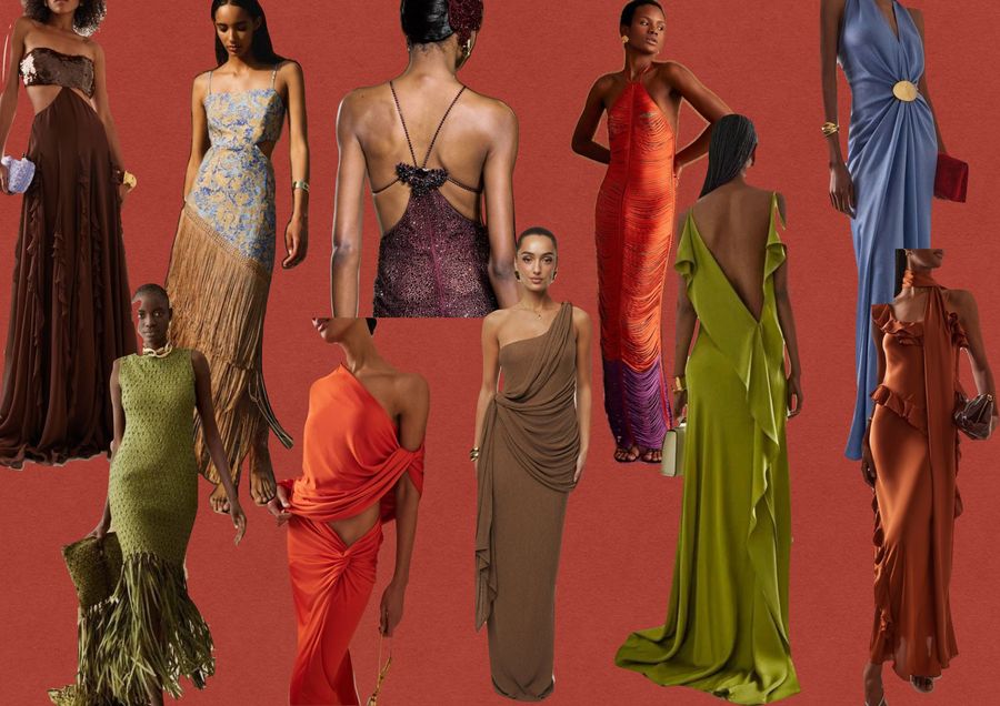 Mood board of floor-length dresses in brown, olive, rust and muted blue